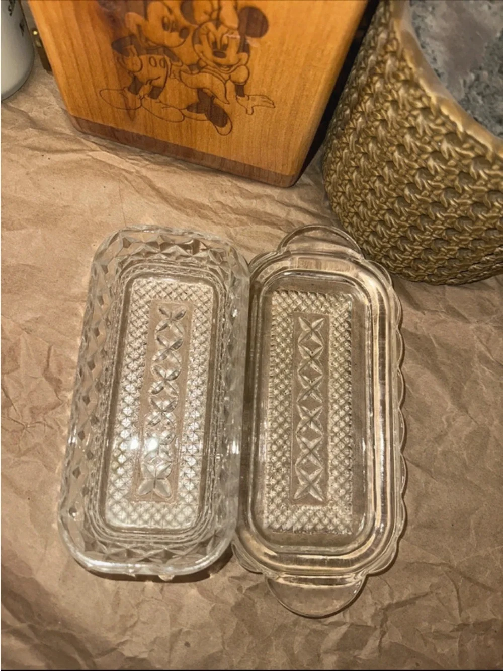 Clear Pressed Glass Butter Dish - Diamond Pattern